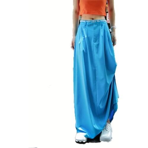 High Elastic Waist Blue Irregular Two Ways Wear Long Half-body Skirt Women Fashion Tide New Spring Autumn 2020 K882