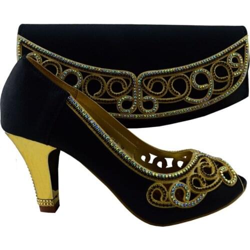 High grade African shoes matching handbag sets with rhinestone women pumps for party 1308-L65 black,high heel 8cm