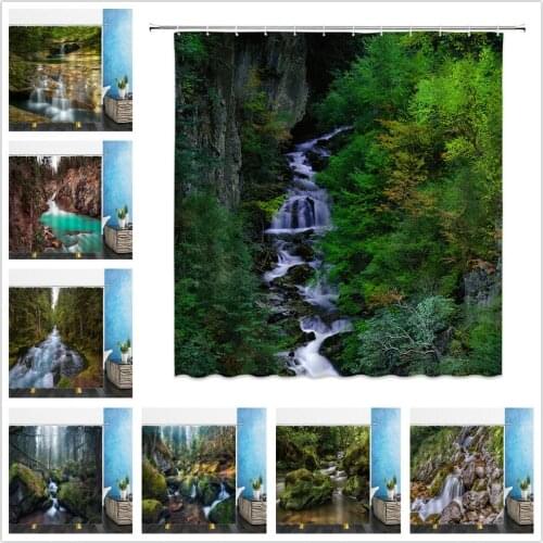 Landscape Shower Curtains Forest Waterfall Green Plants Natural Scenery Waterproof Bathroom Decor Home Bathtub Polyester Curtain