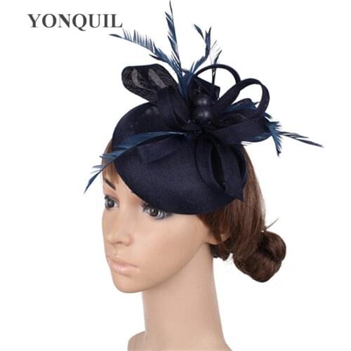 Women Formal Hats 2020 Chapeau Pillbox Caps Mariage Navy Red Imitation Sinamay Ladies Elegant Feathers Fascinators Headbands
