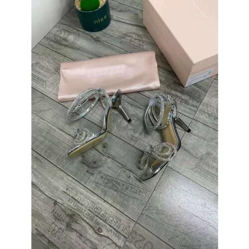 New Season Womens Wedding Shoes Double Crystal Bow Leather Pvc Sandals Silver Real Photos Rare