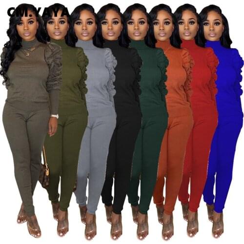CM.YAYA Activewear Womens Set Turtleneck Puff Sleeve Tops Legging Pant Set Sporty Tracksuit Fitness Matching Two Piece Outfits