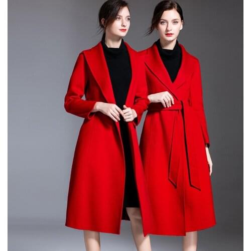 Womens winter overcoats red belt Double-sided wool cashmere outwear 2019 autumn plus size ladies fashion long sexy free ship
