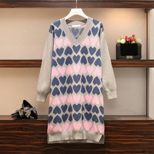 4XL plus size women elegant love print kintting sweater dress autumn winter 2021 long sleeve v neck casual kintting dresses