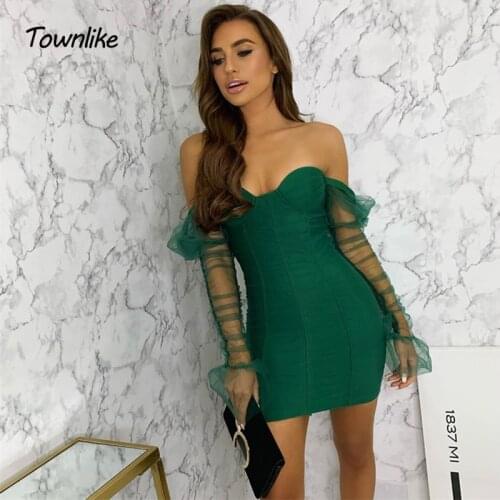 Townlike Long Puff Sleeve Ruffle Mesh Sexy Dress Women Ruched Mini Bodycon Dress Off Shoulder Backless Short Club Party Dresses