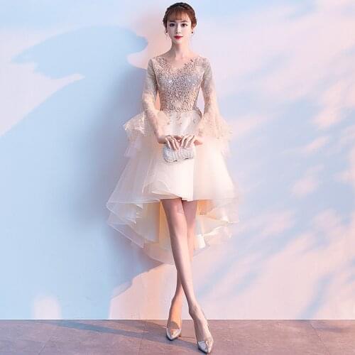 Prom Gowns Appliques V-Neck Full Sleeve Ruched High-Low Elegant Sequins Knee-length Plus size Customized Woman Party Dress A1410