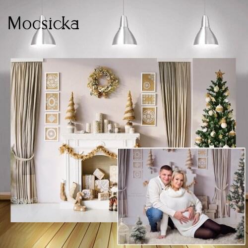 Christmas Winter Backdrop Fireplace White Living Room Adult Kids Portrait Background Sock Gift Christmas Tree Curtain Decoration