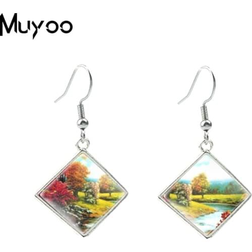 2020 New Famous Oil Painting Beauty Scenery Print Glass Cabochon Rhombus Earrings Landscape Paintings Fish Hook Earrings