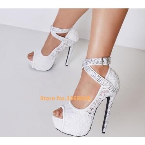 White Lace Wedding Platform Sandals Peep Toe Crystal Thin High Heel Ankle Strap Shoes Breathable Women Bride Pumps Manufacturer