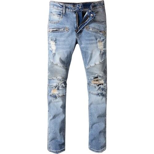 New mens male trousers American fashion punk style rivet motorcycle pants trendy personality Slim ripped jeans denim pants