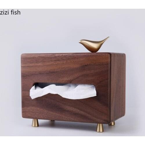 Black Walnut Brass Feet Brass Bird Decorative Tissue Box Home Solid Wood Tissue Storage Box Paper Towel Holder Paper Towel Tube