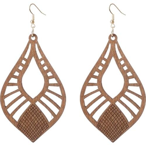 E7505 ZWPON Cutout Wood Teardrop Morocco Earrings for Women Engrave Lattice Wood Earrings Jewelry Wholesale