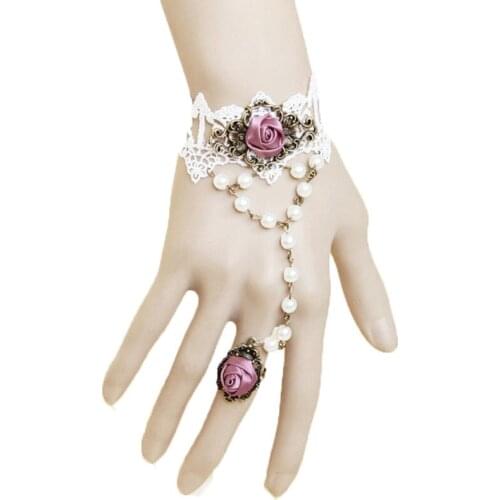 Purple Flower Rose Faux Pearl Beads White Lace Adjustable Ring to Bracelet SET Bridal Wedding Lolita Gothic Fashion Accessory