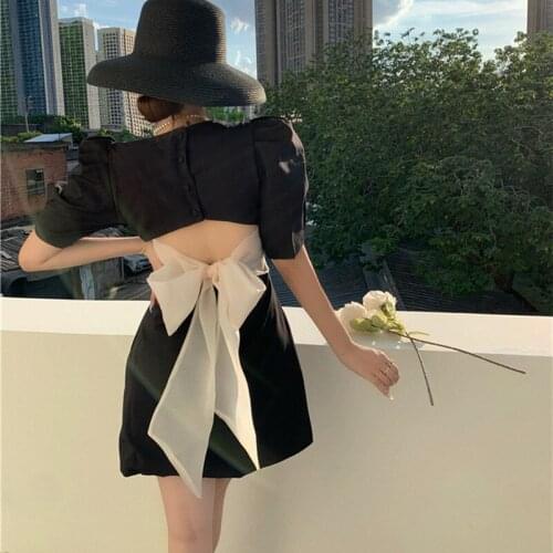 HziriP French Square Neck Puff Sleeve Halter Bow Casual Ladies 2021 Hot Solid Color Summer Chic Fashion All-Match A-Line Dress