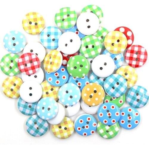 50Pcs Round Buttons Painting Lattice Dot Wooden buttons For Clothes 2-holes Sewing Buttons For Needlework DIY Scrapbooking 15MM