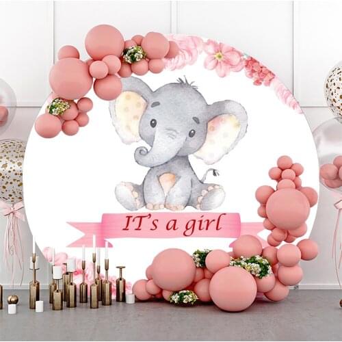 Laeacco Pink Flowers Elephant Girls Shower Decor Round Circle Photography Backdrops Portrait Customized Poster Photo Backgrounds