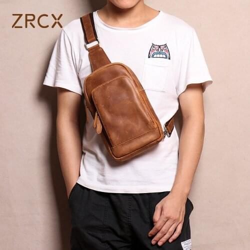 ZRCX Mens Genuine Leather Chest Bag Pure Leather Mens bag Ladies Sports Small Shoulder Bag Crazy Horse Leather Messenger Bag