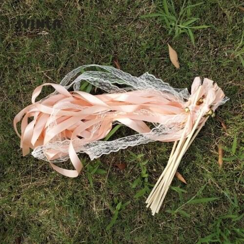 Newest 50pcs/lot Coral Lace Wedding Ribbon Wands and big Bells for wedding decoration
