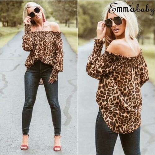 HIRGIN Newest Sexy Womens Off Shoulder Tops Long Sleeve T Shirt Leopard Print Tee