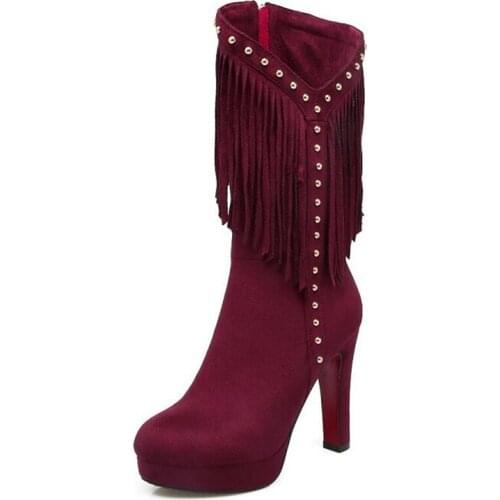Winter New pattern Nightclub rivet zipper Women Boots sexy Middle tube Fringed boots High-heeled Waterproof Single boots 34-43