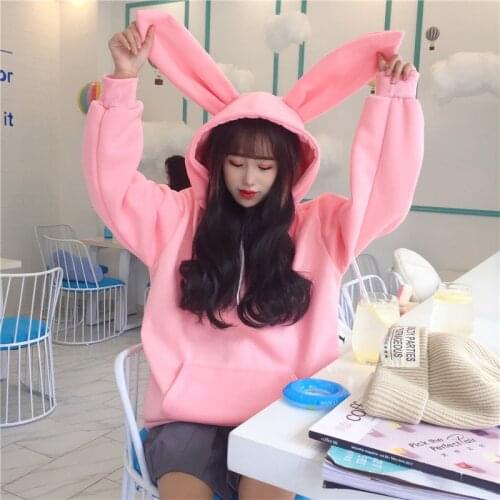 Autumn and winter Korean version hooded with velvet embroidery hoodie female students loose big cute rabbit ears coat