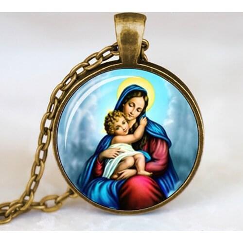 Blessed Virgin Mary Mother of Baby Necklace Jesus Christ Christian Pendant Catholic Religious Glass Jewelry Gift for Men Women