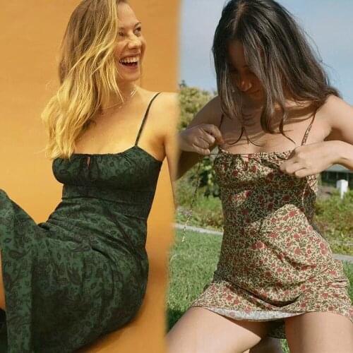 2021 New Hot Outfits Women Summer Floral Dress, Adults Sexy Tie-up U-shaped Neck Spaghetti Strap with Drawstring