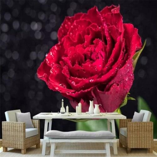 Custom wallpaper fantasy red rose water bead TV background wall - high quality silk cloth