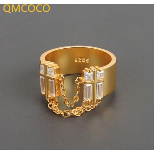 QMCOCO New Japanese-Korean INS Style Design Simple Zircon Chain Tassel Temperament Open Adjustable 925 Silver Female Wide Ring
