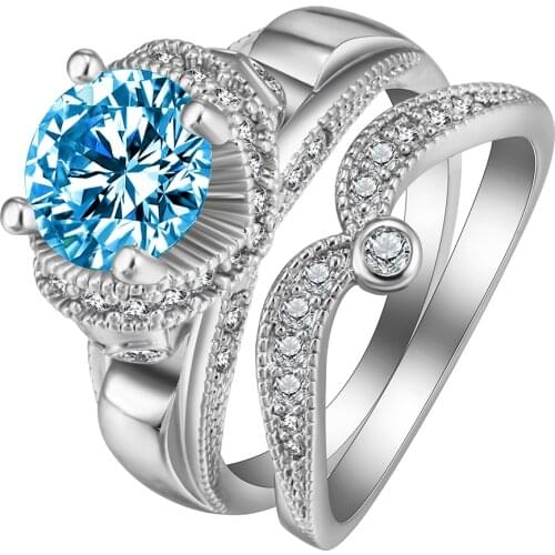 Cubic Zirconia Luxury Blue white pink Crystal Rings Sets Black Gold Color Engagement / Wedding Ring Sets Fashion Women Jewelry