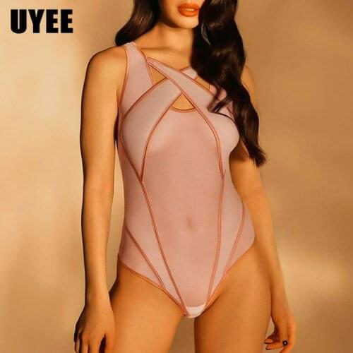 UYEE Women Sexy Pink Lingerie Full Bodysuit Slim Harness Chest Strap High Elastic Swimsuit For Stripper Exotic Summer Style