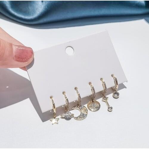 6 pieces/set 925 Sterling Silver Planet Moon Star Hoop Earring For Women Exquisite Romantic Micro Zircon Starry Sky Earrings