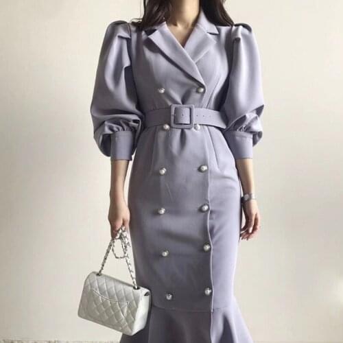 Chic Pearl Button Ladies Midi Dress Tunic Puff Sleeve French Dress Women Purple High Waist Womens Work Mermaid Dresses 2020
