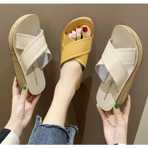 Open toe cross leather band slippers women casual wedges flip flops pantoufle femme 2019 summer beach slides shoes woman y951