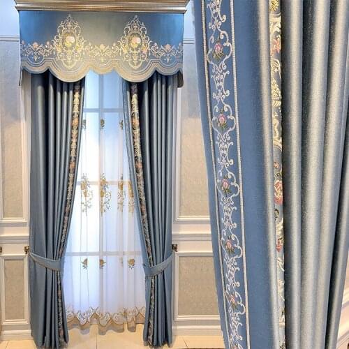 Custom curtain Chenille embroidery luxury simple European shading beige thick cloth blackout curtain valance tulle panel