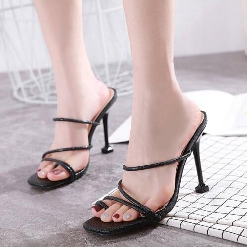 Women High Heels Flip Flops Square Toe Slides Party Shoes Woman Women Sandals Snake Print Strappy Mule Heels Sandals Slippers