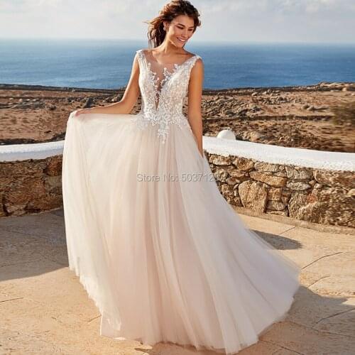 Boho Tulle Wedding Dresses Vestido De Noiva A Line Deep V Neck Sleeveless Open Back Lace Appliques Bridal Wedding Gown Mariage