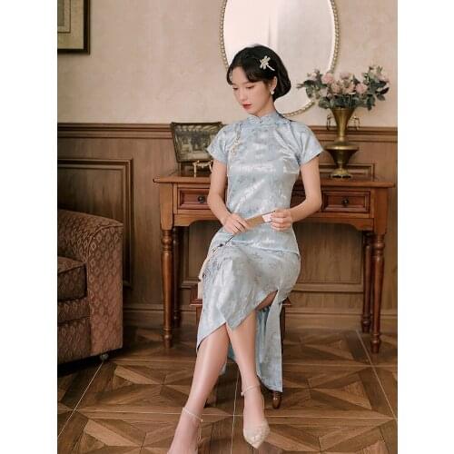 Real Silk Cheongsam Cyan Grey Traditional Chinese Dresses Summer Printed Short Sleeves One Piece Qipao Retro Easy Oversize Dress