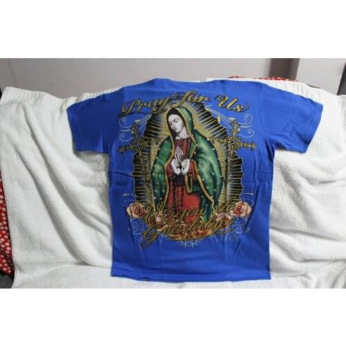 VIRGEN DE GUADALUPE PRAY FOR US VIRGIN MARY T-SHIRT BLUE