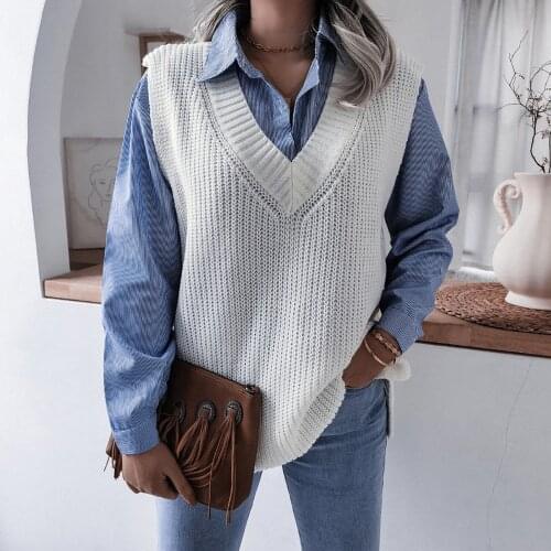 V-neck Knitted Vest Womens Sweater Autumn And Winter New Korean Loose Wild Sweater Vest Sleeveless Sweater College Jumpers#F3