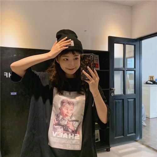 Female Korean Harajuku Vintage Ins Print Loose T-shirt Womens T-shirts Tops Japanese Kawaii Ladies Ulzzang Clothes For Women