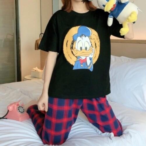 M-2XL Plus Size Cartoon Donald Duck Simba Suit Pijama Kawaii for Girls Short Sleeve Blouse and Plaid Pants Pyjama Disney Femme