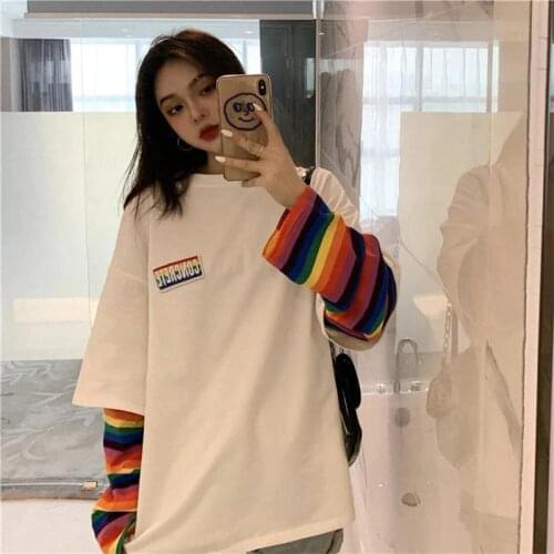 Spring Autumn Rainbow Stripes Fake Two-Piece Long Sleeve Woman Tshirts Tops Korean Kpop Clothes Streetwear Mujer Camisetas