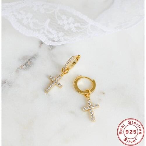 GS 925 Sterling Silver Jewelry Zircon Woman Hoop Earrings For Birthday Valentines Day Gift Pendientes Cruz Fine Earrings