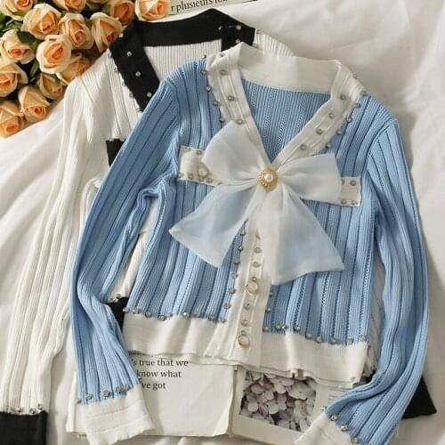 Fashion Beading Bowknot Sweater Cardigan Long Sleeve Single Breasted Contrast Color Button Knitted Crop Tops