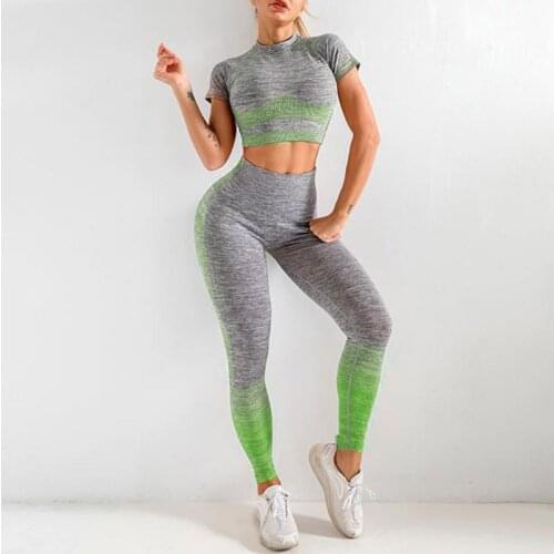 Women 2 Piece Workout Outfits Set Short Sleeve Crop Top Butt Lift Leggings Pants Colorblock Seamless Knit Yoga Tracksuit