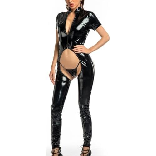 Women Leather Jumsuit Playsuit Short Sleeve Open Crotch PVC Bodysuit Front Zipper Sexy Lingerie Latex Catsuit Overalls Clubwear
