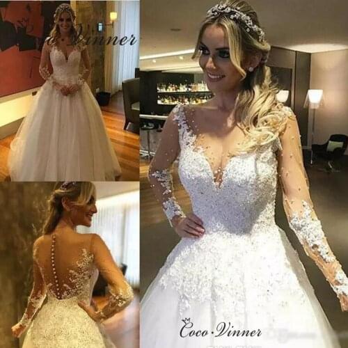 Sheer Neck Custom Made Vestido De Noiva Princesa Wedding Dress Long Sleeve Robe De Mariee wedding gowns bride dress w0338