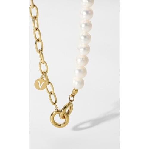 14K Gold Plated Stainless Steel Baroque Freshwater Pearl Double Ring Pendant Necklace For Women Summer Statement Choker Neckalce