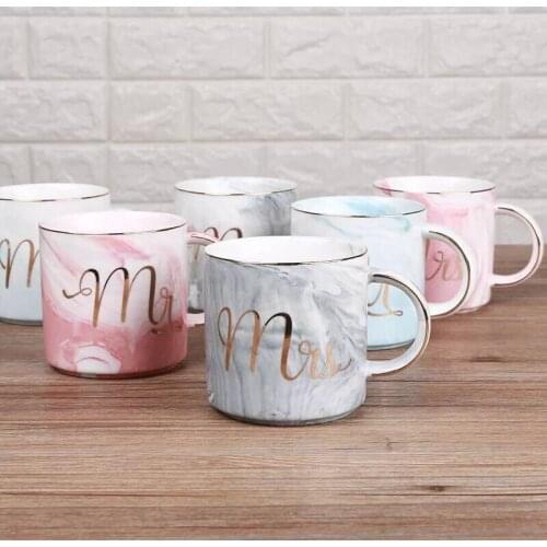 2pcs Handpainted Gold Monogram Natural Marble Porcelain Coffee Mug Mr And Mrs Tea Milk Cups And Mugs Creative Gift Wholesale
